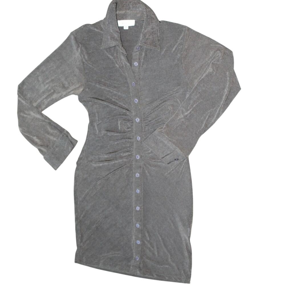 Mable Olive Metallic Ruched Button Down Mini Shirt Dress Long Sleeve Medium - Picture 2 of 5